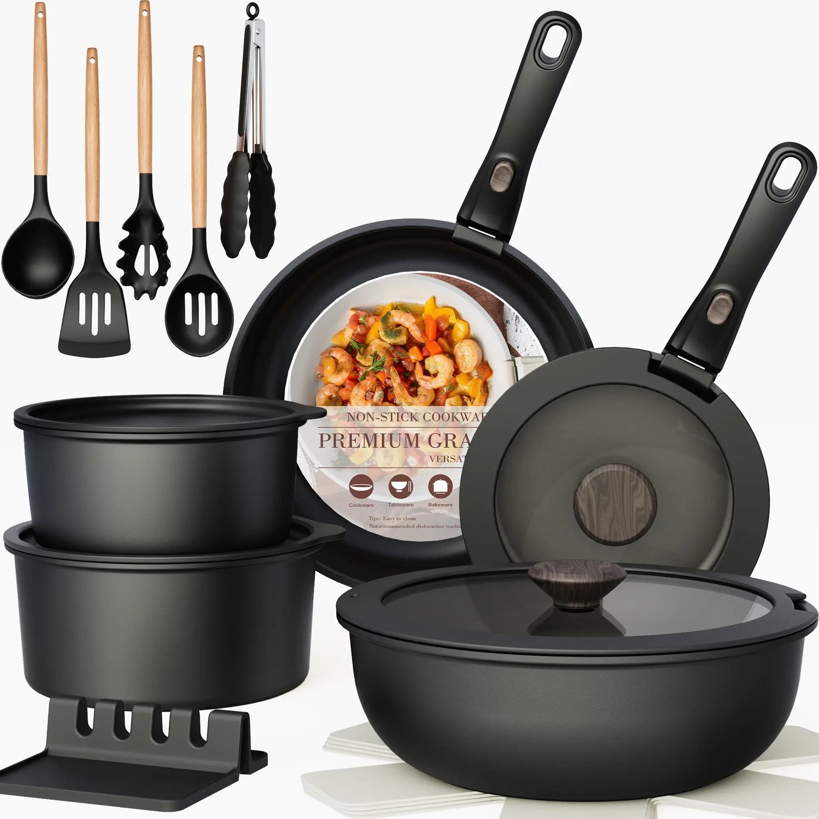 Astercook 21-Piece Ceramic Cookware Set Review (Detachable Handle, Stackable Black)