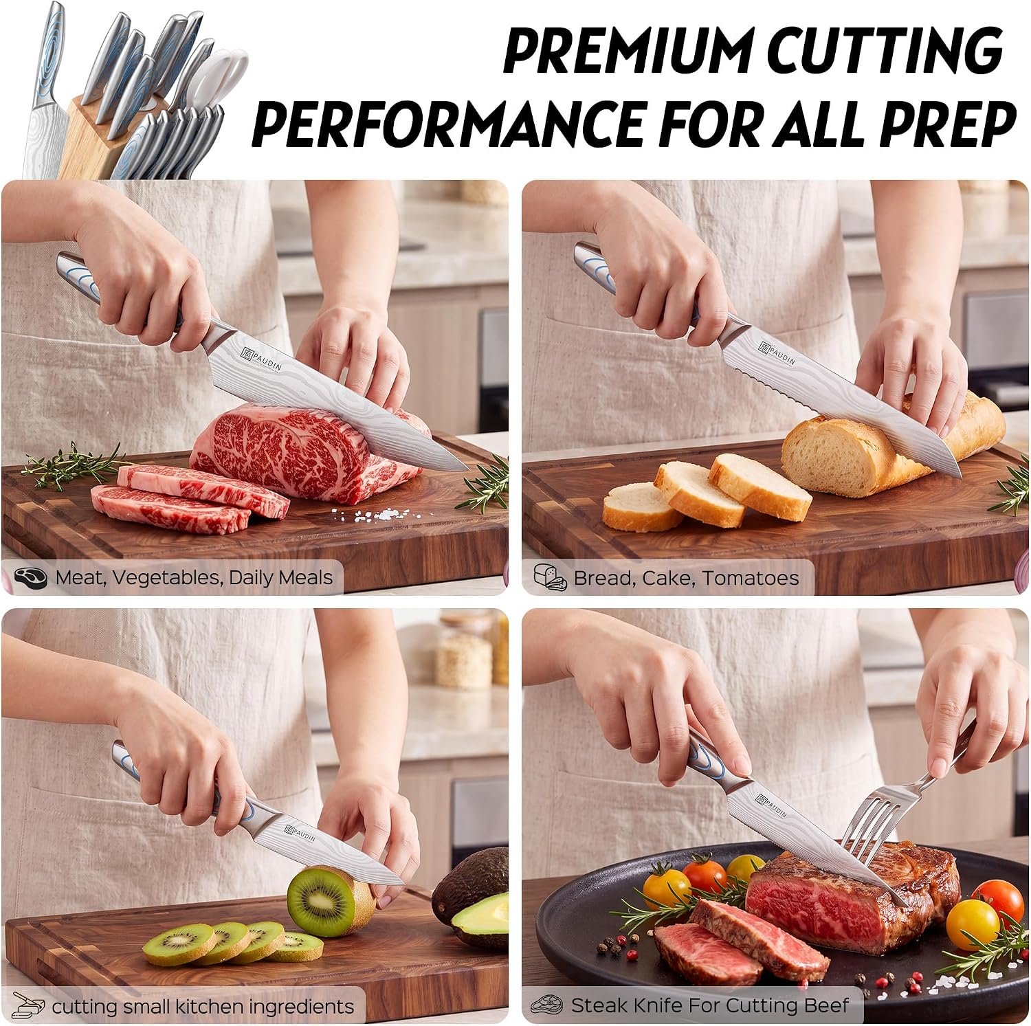 PAUDIN 14-Piece Knife Block Set Review (Blue Water Ripple Handles)