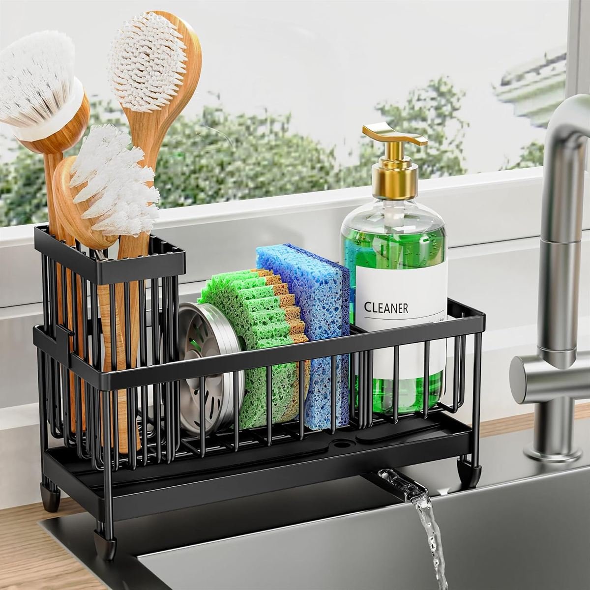 Cisily black 304 stainless steel sponge holder kitchen sink caddy with brush holder and rotatable drain spout