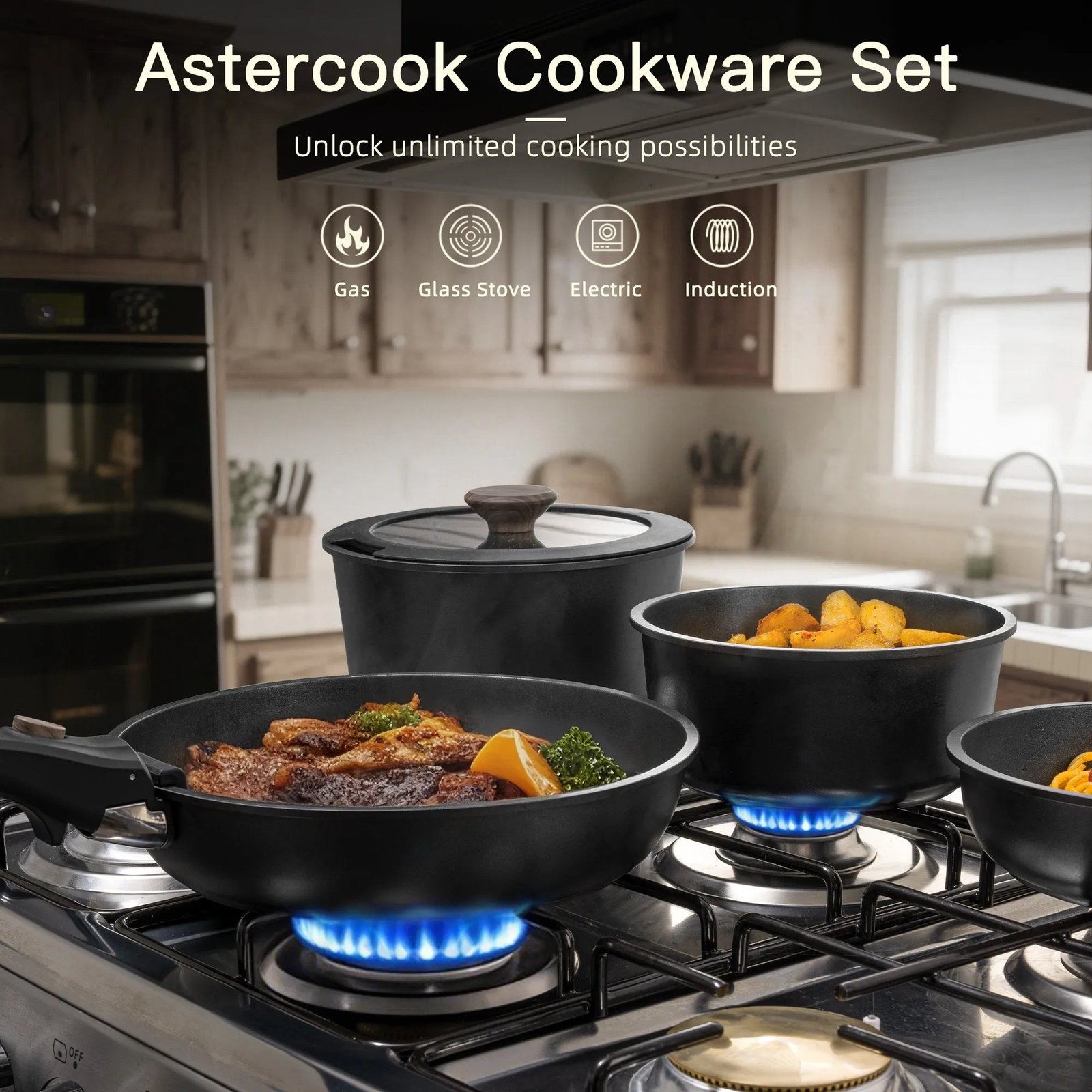 Astercook 21-Piece Ceramic Cookware Set Review (Detachable Handle, Stackable Black)