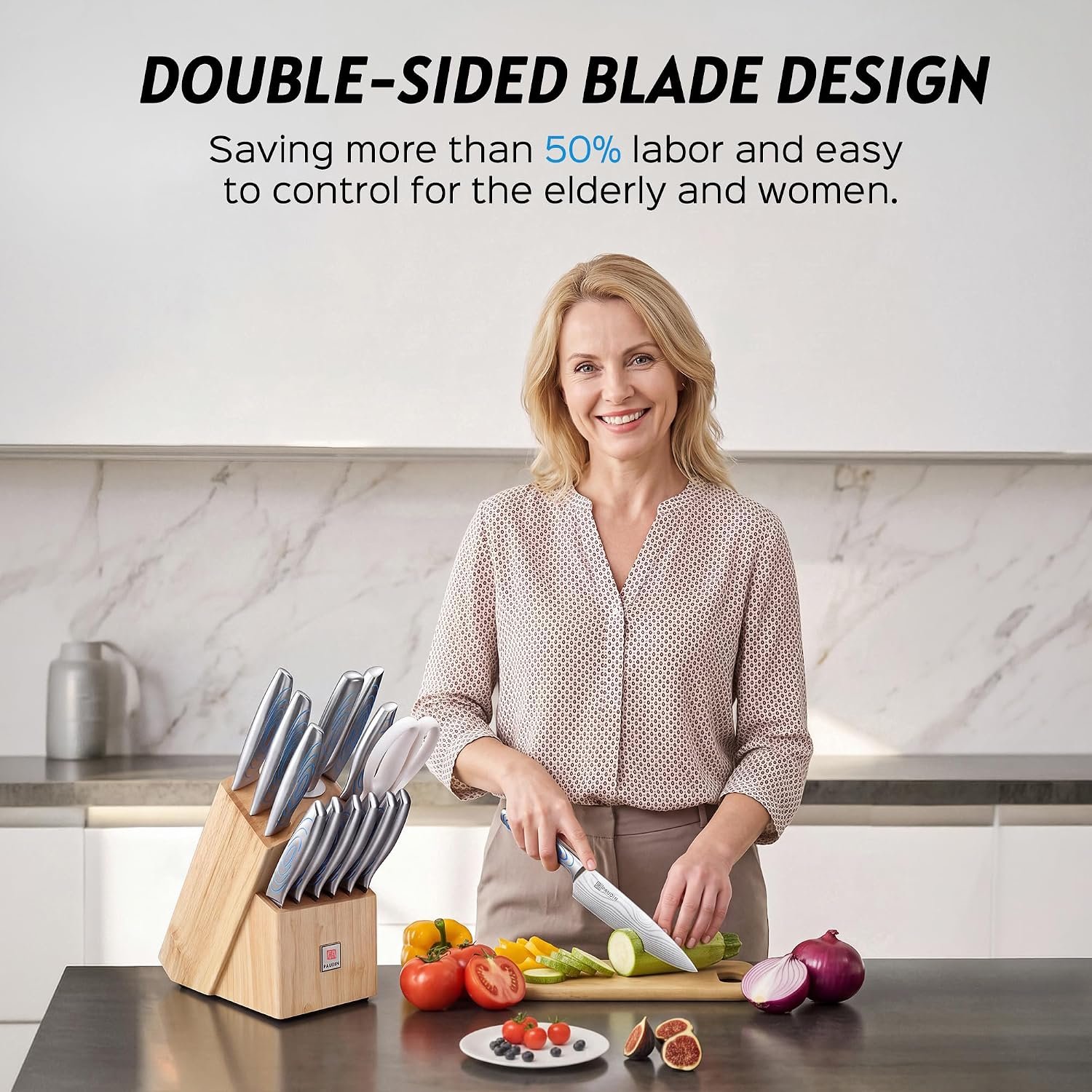 PAUDIN 14-Piece Knife Block Set Review (Blue Water Ripple Handles)