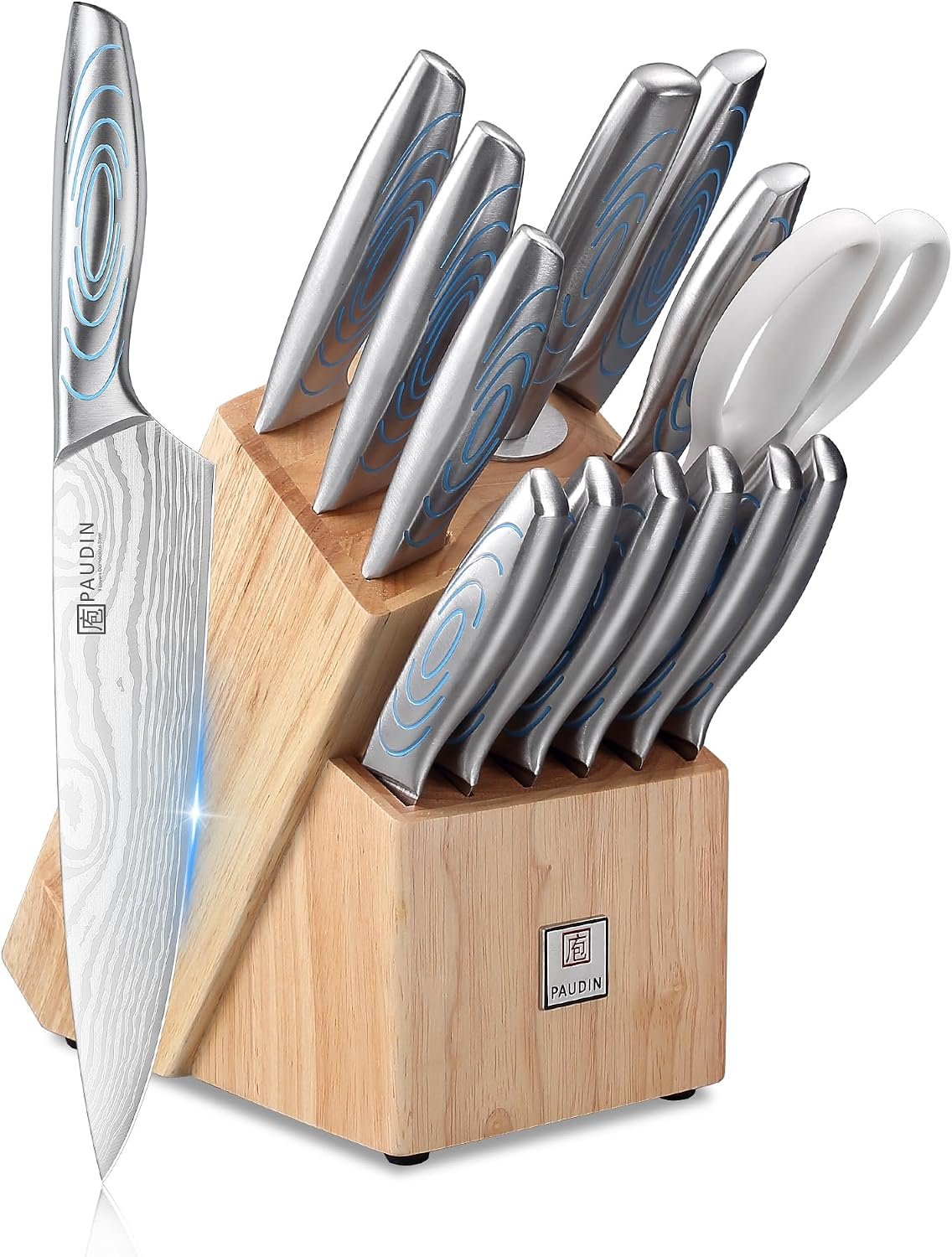 PAUDIN 14-piece kitchen knife block set with blue water ripple handles and FSC wood block