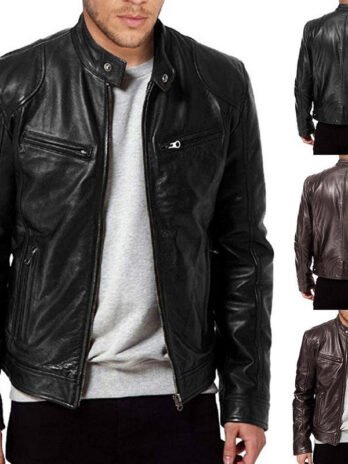 Men’s Zip-up Cardigan PU Leather Jacket Fashion Pockets Stand Collar Short Tops Clothing