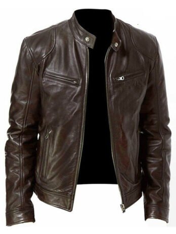 Men’s Zip-up Cardigan PU Leather Jacket Fashion Pockets Stand Collar Short Tops Clothing