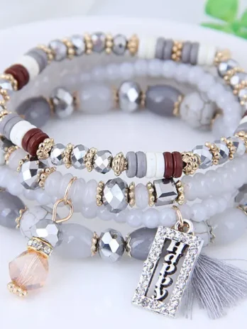 Fashion Tassel and Happy Engrave Charm Bracelet Handmade Multi Color Crystal Bracelet for Women Wholesale Set Bohemia Jewelry